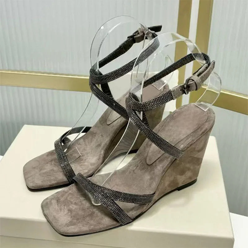 Square Toe Suede Wedge Sandals With Beaded Straps For Women