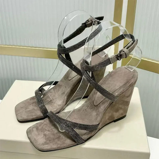 Square Toe Beaded Suede Sandals