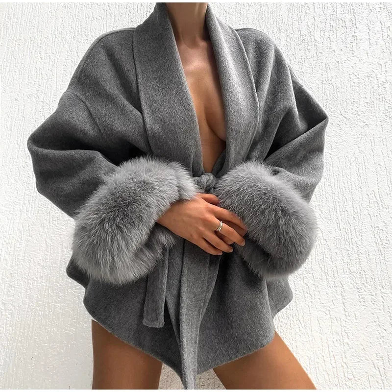 Faux Fur Wool Blend Longline Lapel Overcoat for Women