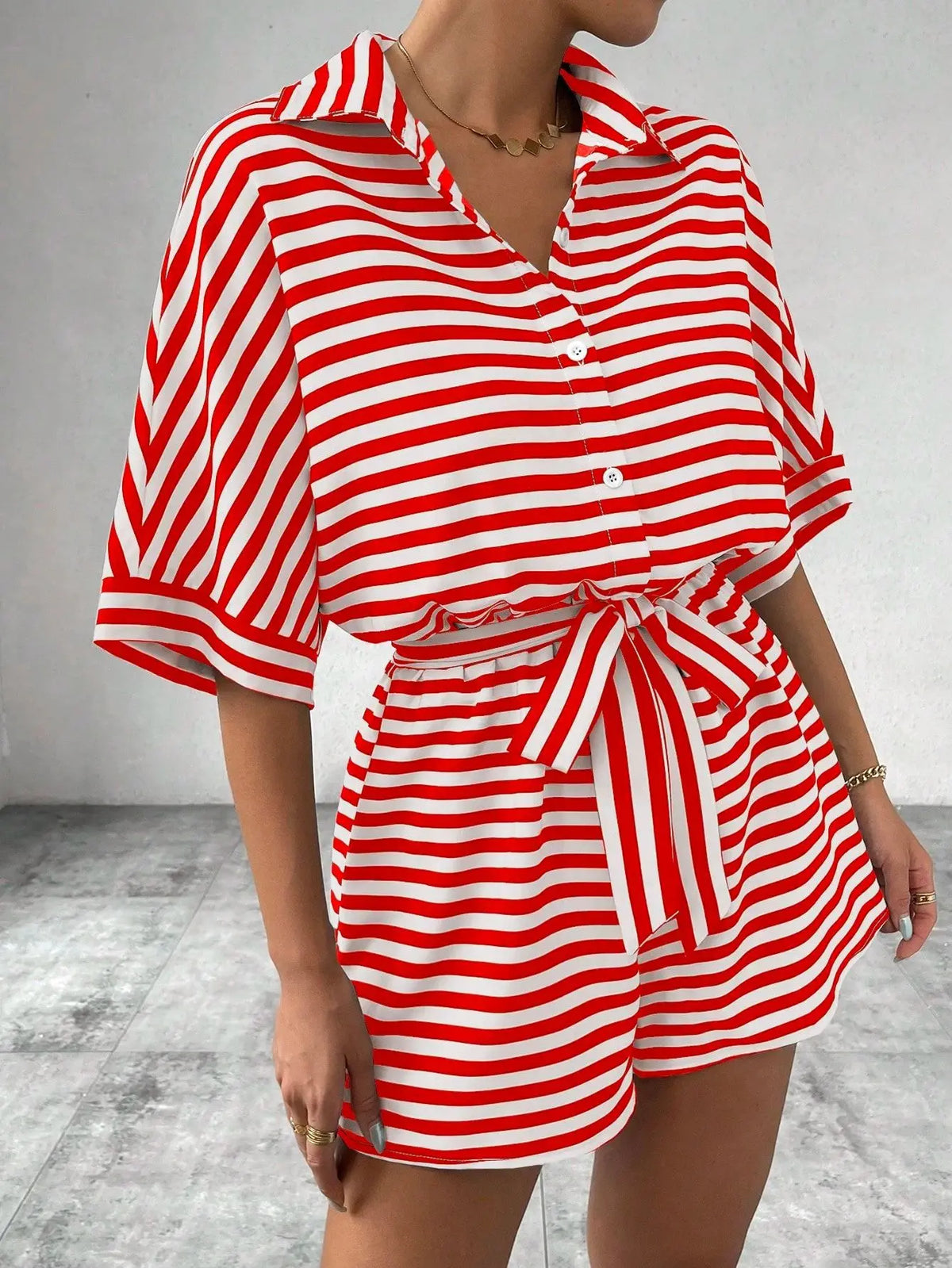 Casual Striped Batwing Sleeve Top And Shorts Set For Women
