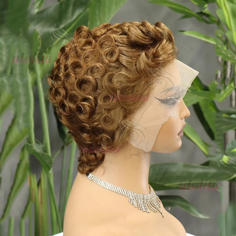 Short Layered Curly Pixie Lace Frontal Wig for Women