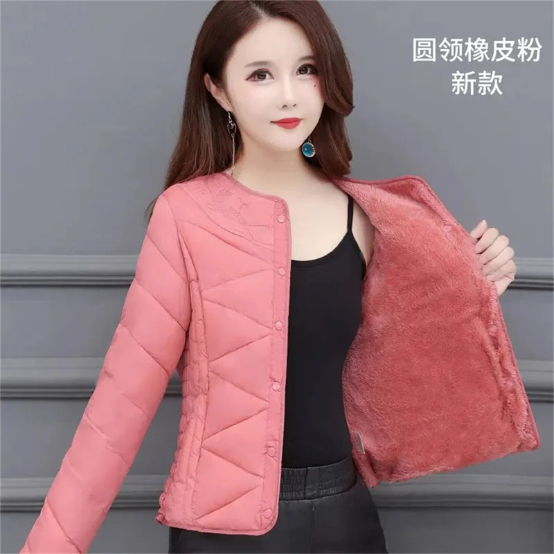 Winter Down Padded Jacket Women's Inner Short Mother's Wear Velvet Thickening Middle-Aged Elderly Mom Wear Pocket Jacket Pink
