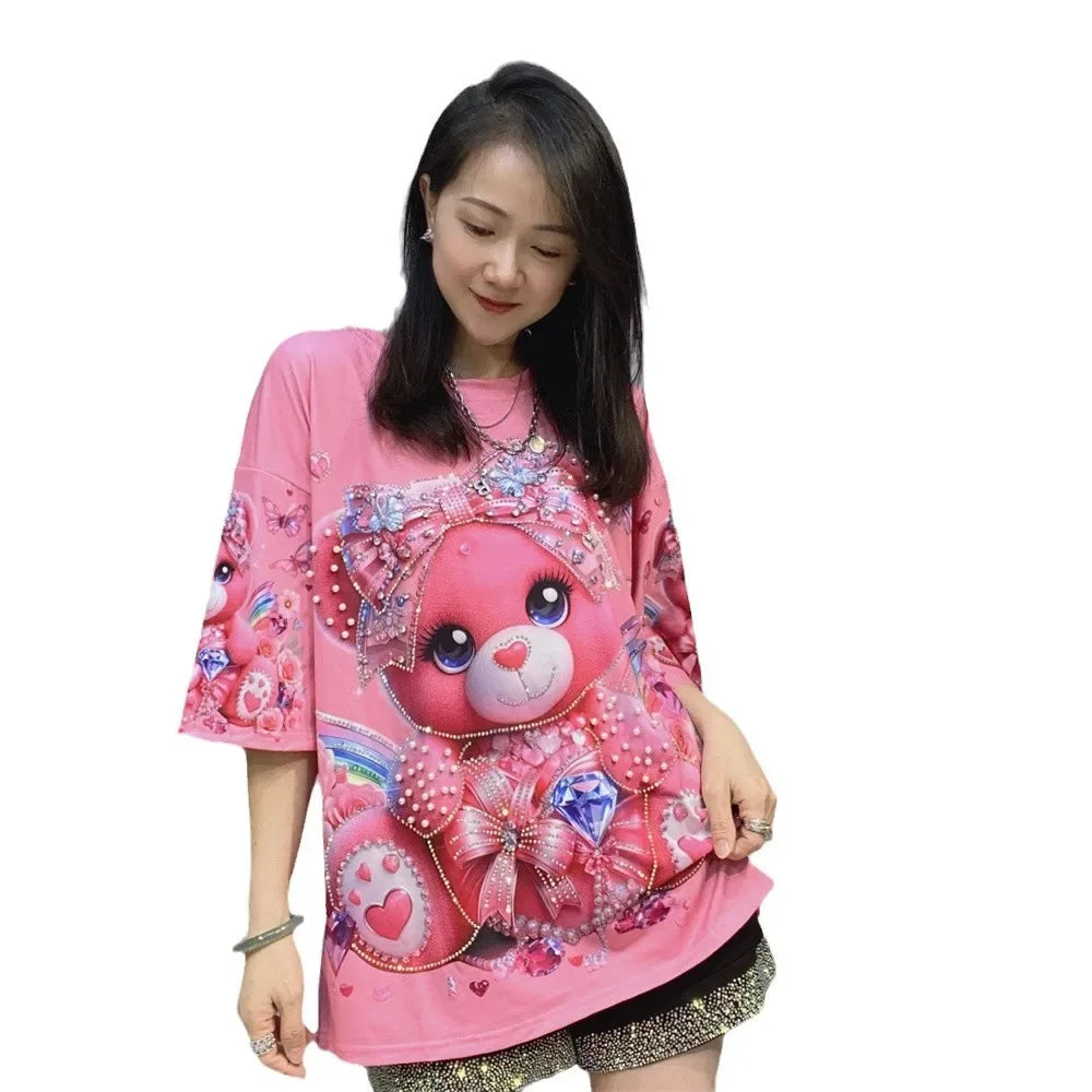 Cartoon Bear Heavy Industry Bead Crew Neck Short Sleeve T-Shirt Summer Printed Fashion Half Sleeve Top Women's Clothing