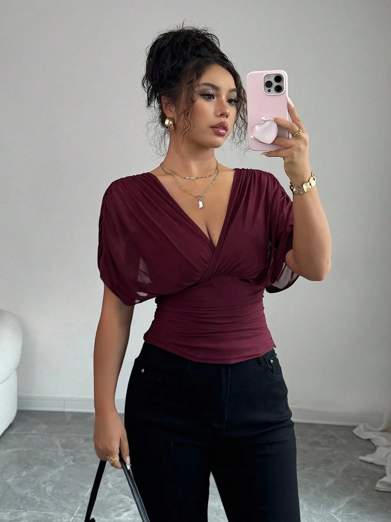 Elegant Deep V Neck Flutter Sleeve Waist Cinching Top for Women