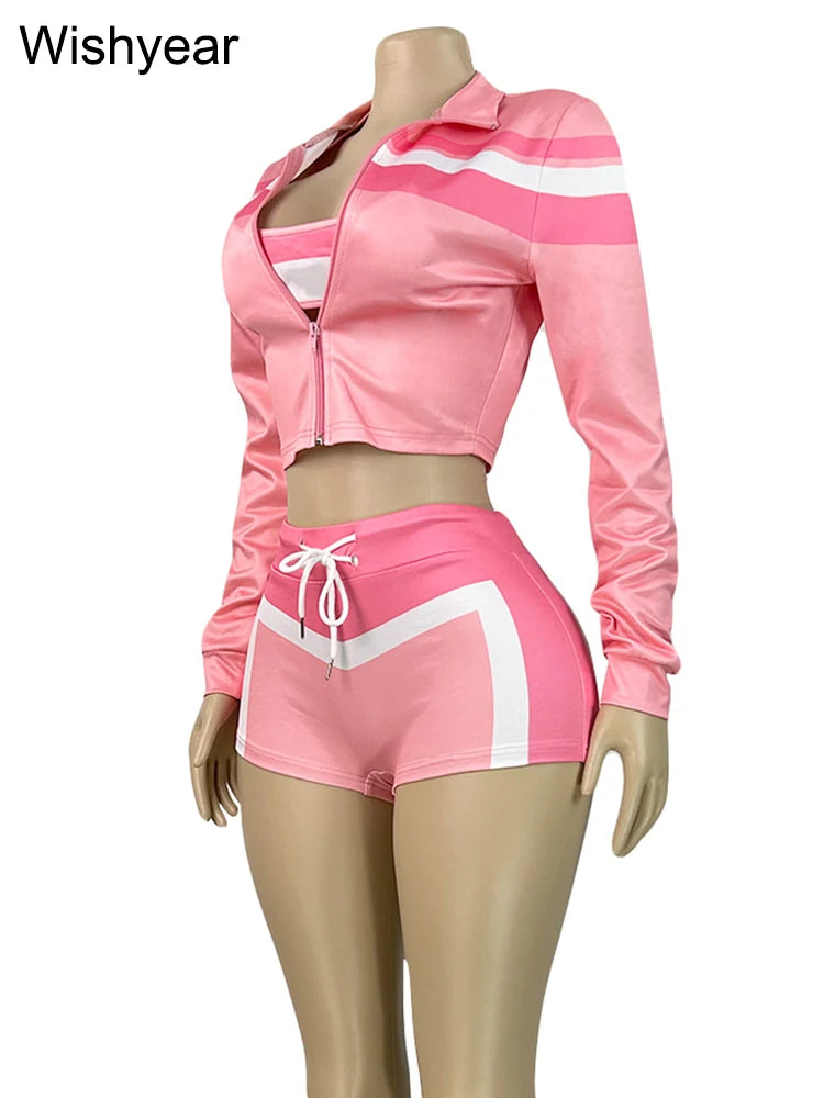 Striped Three Piece Jacket Crop Top And Shorts Set for Women