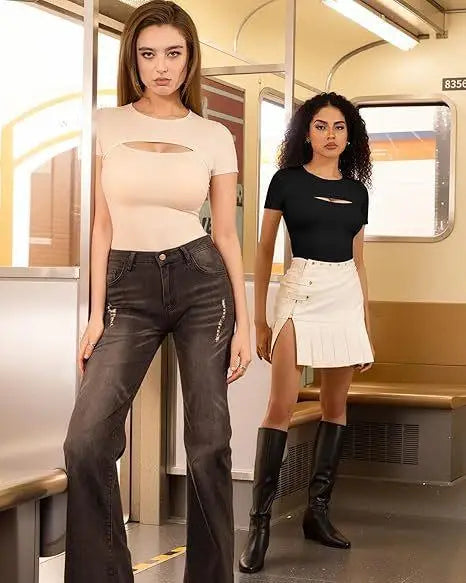 Seductive Tops Intricate Hollow Lacework T-Shirt Figure Hugging RoundNeck Blouse Classic Comfortable SolidColor Shirt