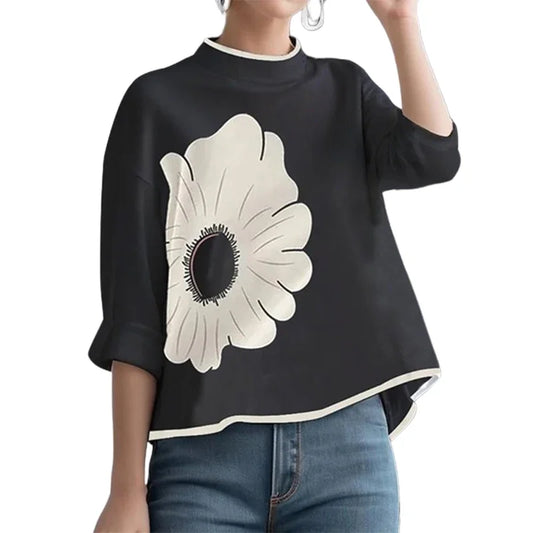 Gymystars Women's Flower Printed Clothes T-Shirts 2025 Mock Neck T-Shirts Summer Black Casual Autumn y2k Tops For Women 2XL