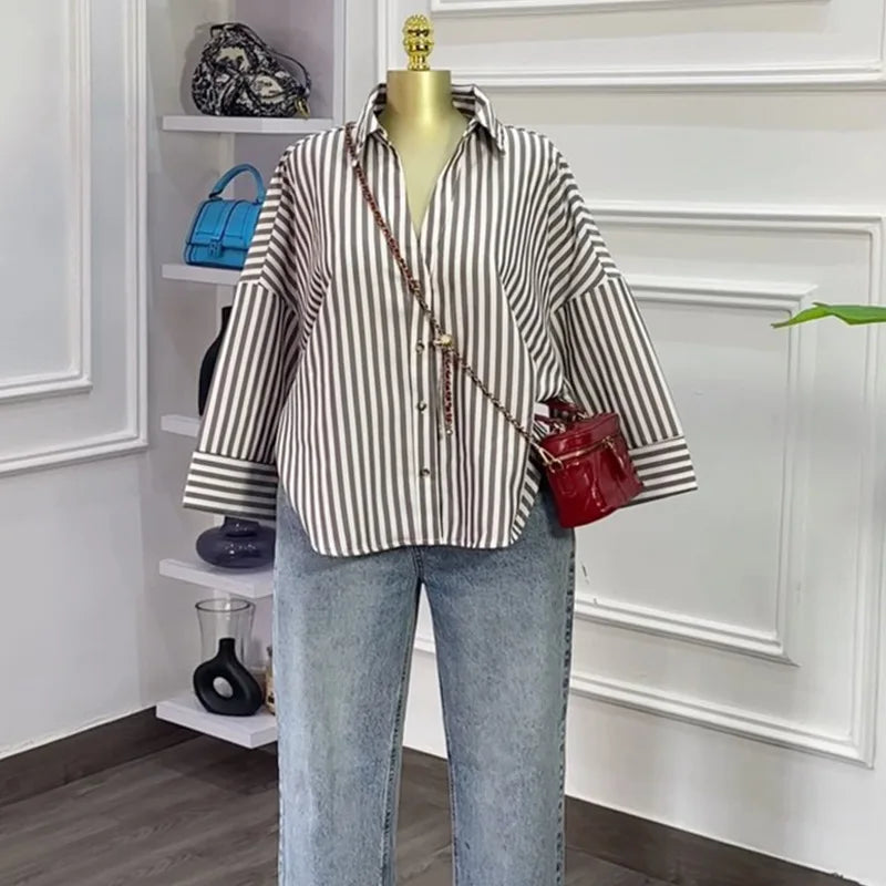 Striped Long Sleeve Turn Down Collar Blouse Shirt for Women