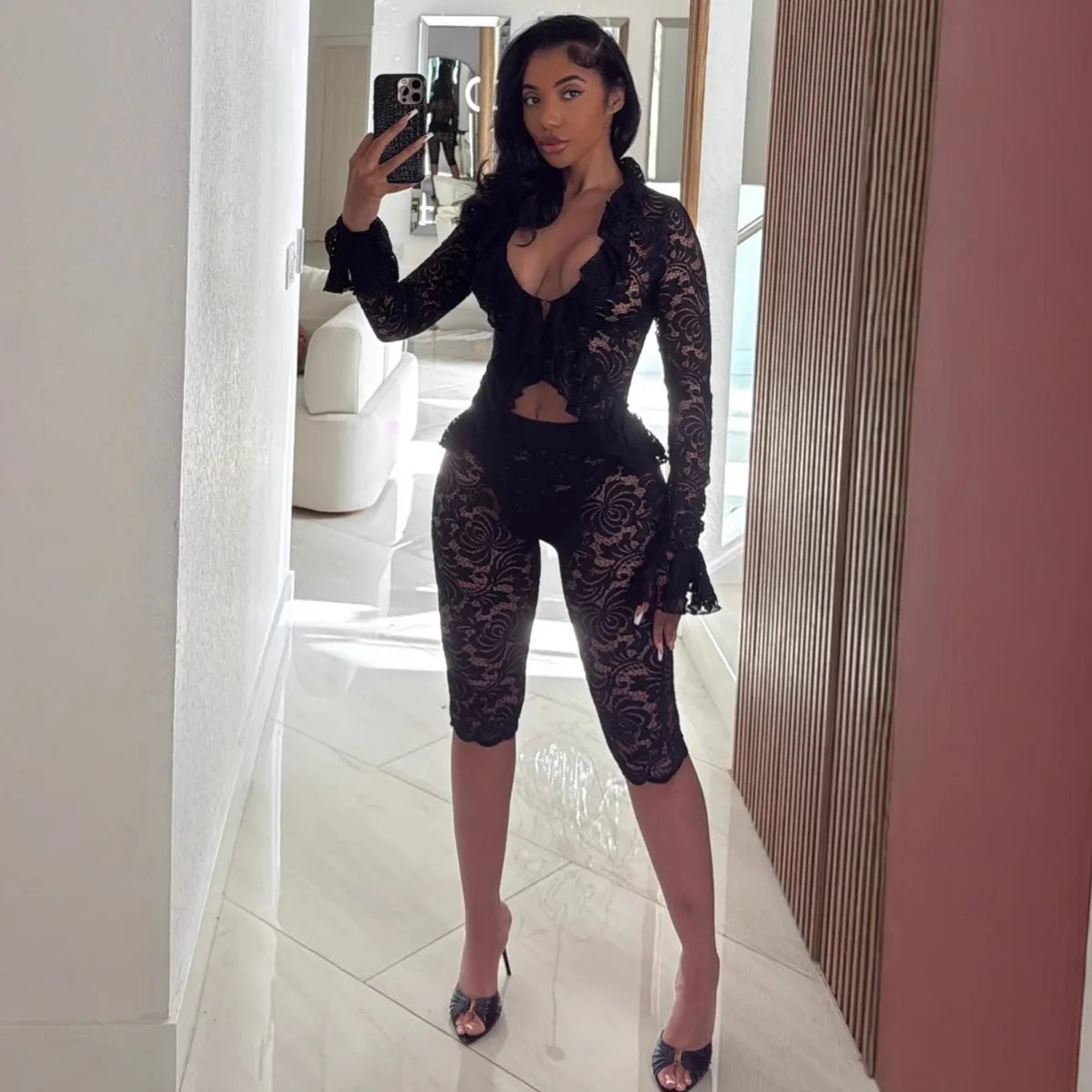 FAGADOER Sexy Lace See Through 2 Piece Sets Woman Outfit Mesh Hollow Out Crop Top and Shorts Suit Female Y2K Streetwear Clothing