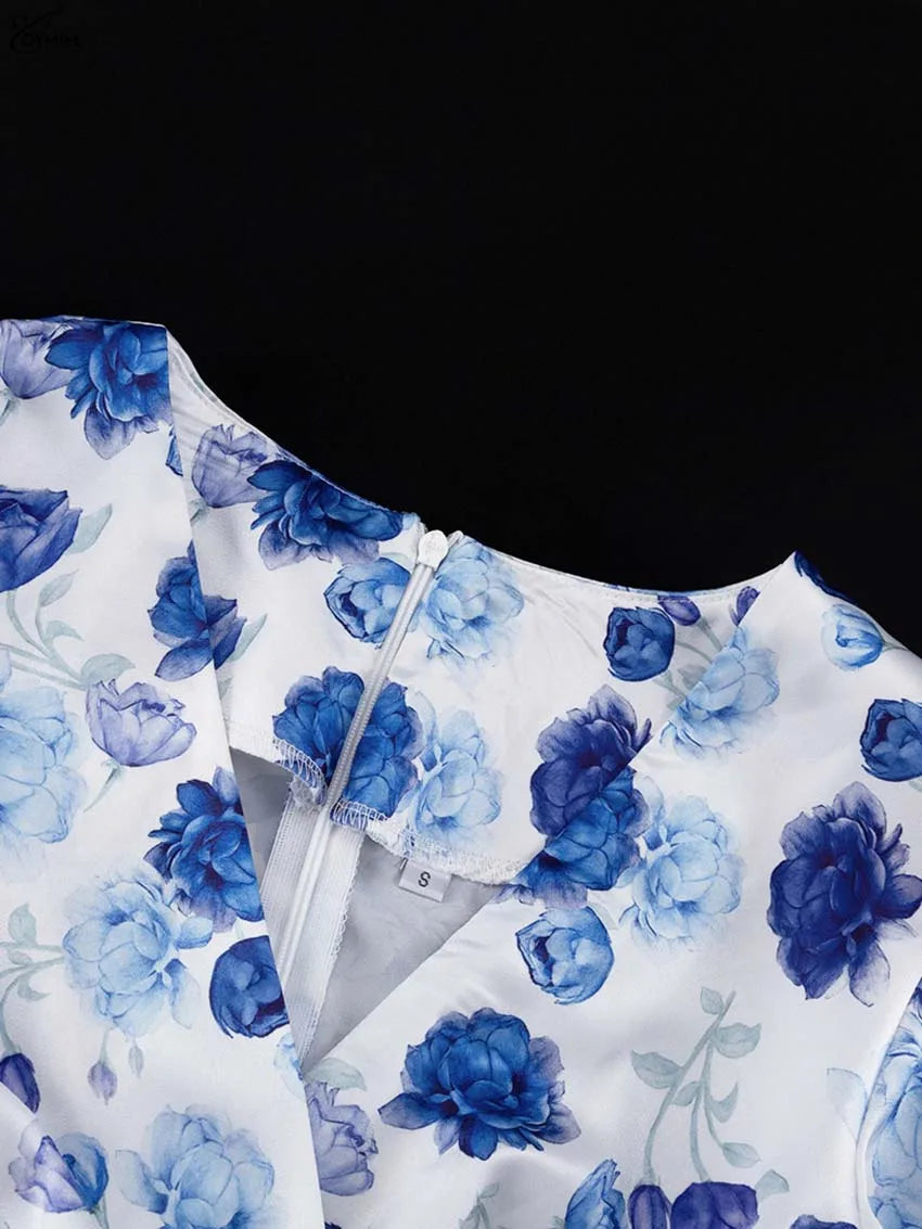 Oymimi Fashion Blue Print Womens Dresses Elegant V-Neck Long Sleeve Zipper Dresses Casual High Waist Pleated Mini Dress Female