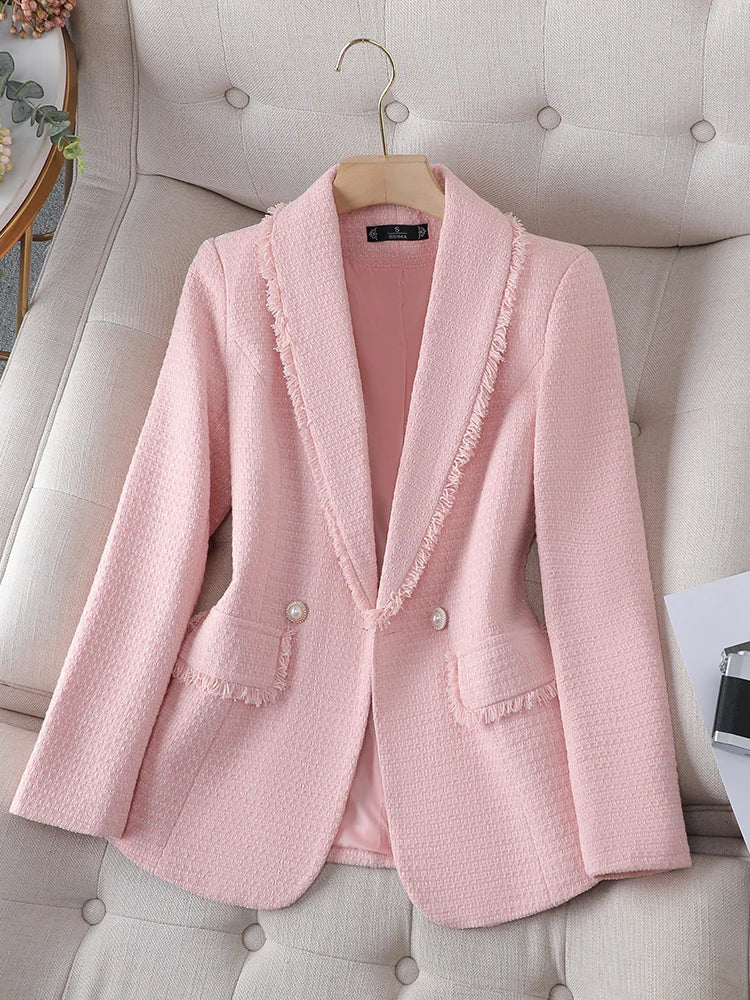 Autumn Winter Outwear Casual Blazer Women Ladies Jacket Pink White Blue Female Slim Long Sleeve Single Breasted Coat