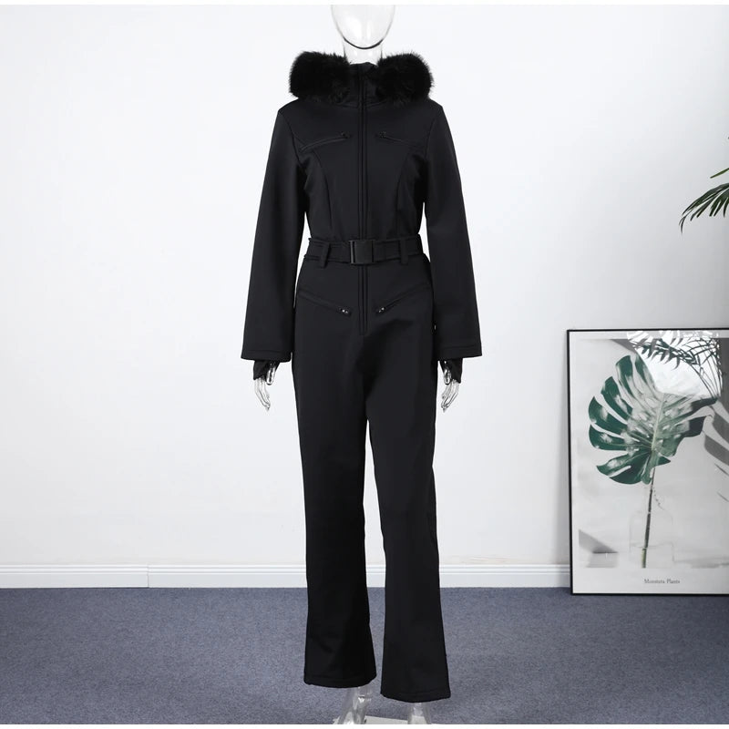 High Waist Full Zip Hooded Windproof Ski Jumpsuit For Women
