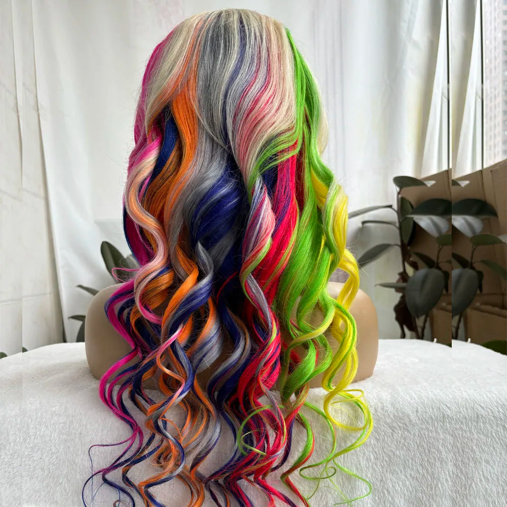 Highlight Colored Green Yellow and Blue Pink Front Wigs Human Hair For Women Body Wave 13x4 Transparent lace Frontal human hair
