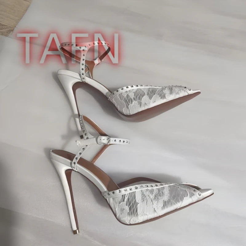 White Rhinestone Lace Sandals With Ankle Buckle for Women