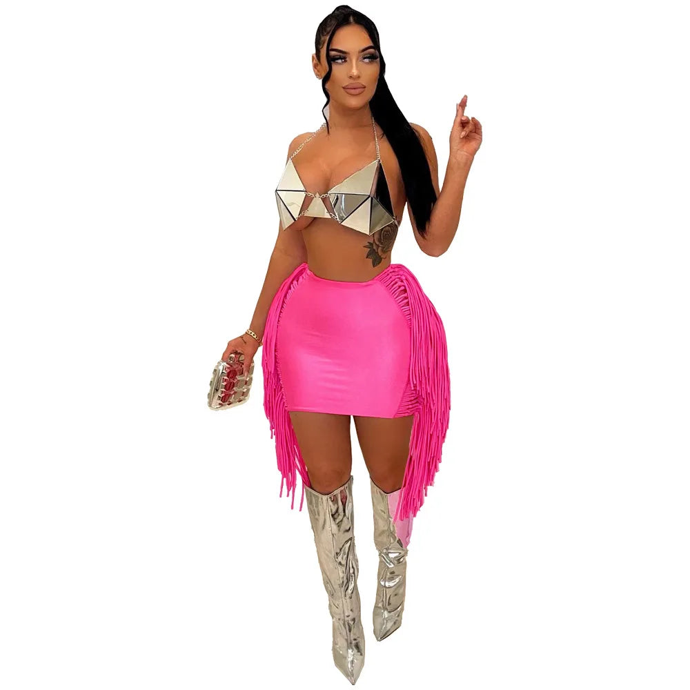FAGADOER Sexy Tassel Bodycon Mini Skirts Party Club Outfits Women Fashion Chic Streetwear Short Birthday Holidays Skirt Solid
