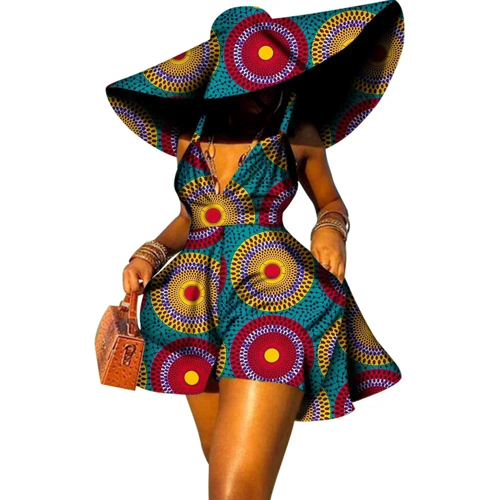 Sleeveless V Neck African Print Jumpsuit for Women