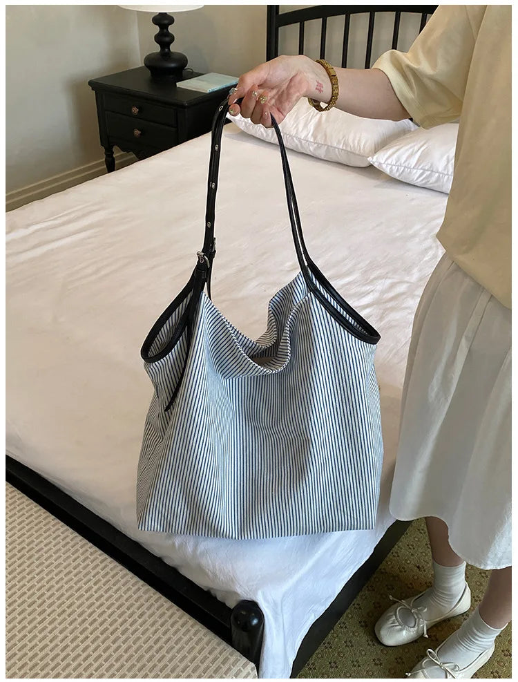 Casual Stripe Canvas Lightweight Shoulder Tote Bag for Women