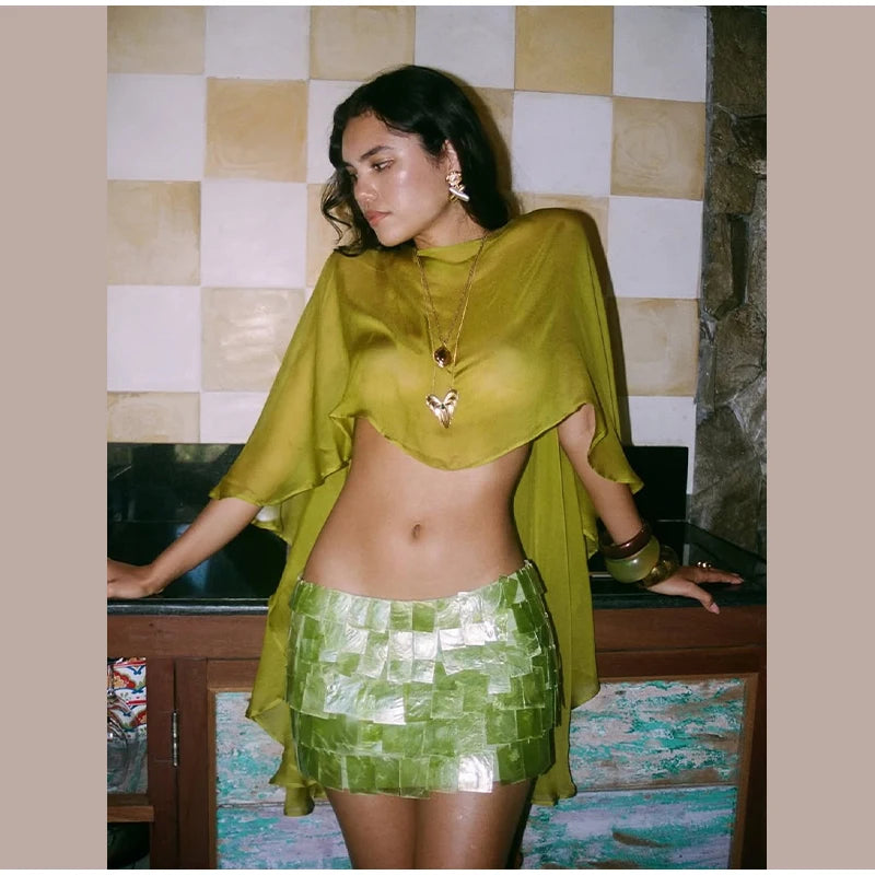 Sheer Chiffon Cape Top and Sequin Mini Skirt Set for Women