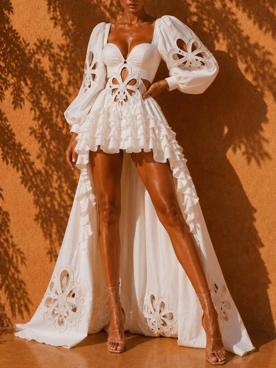 White Floral Cutout Puff Sleeve Gown With Asymmetric Train for Women