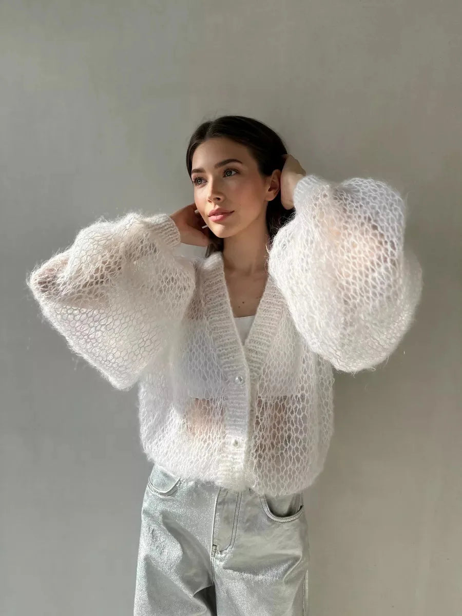 Loose Fit Open Knit V Neck Cardigan Sweater for Women