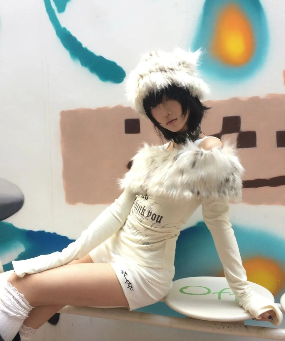 Karrram Japanese Y2k Fur Collar Tops 2000s Aesthetics Off Shoulder Knit Tops Vintage Harajuku Letter Print Long Sleeve T-shirt