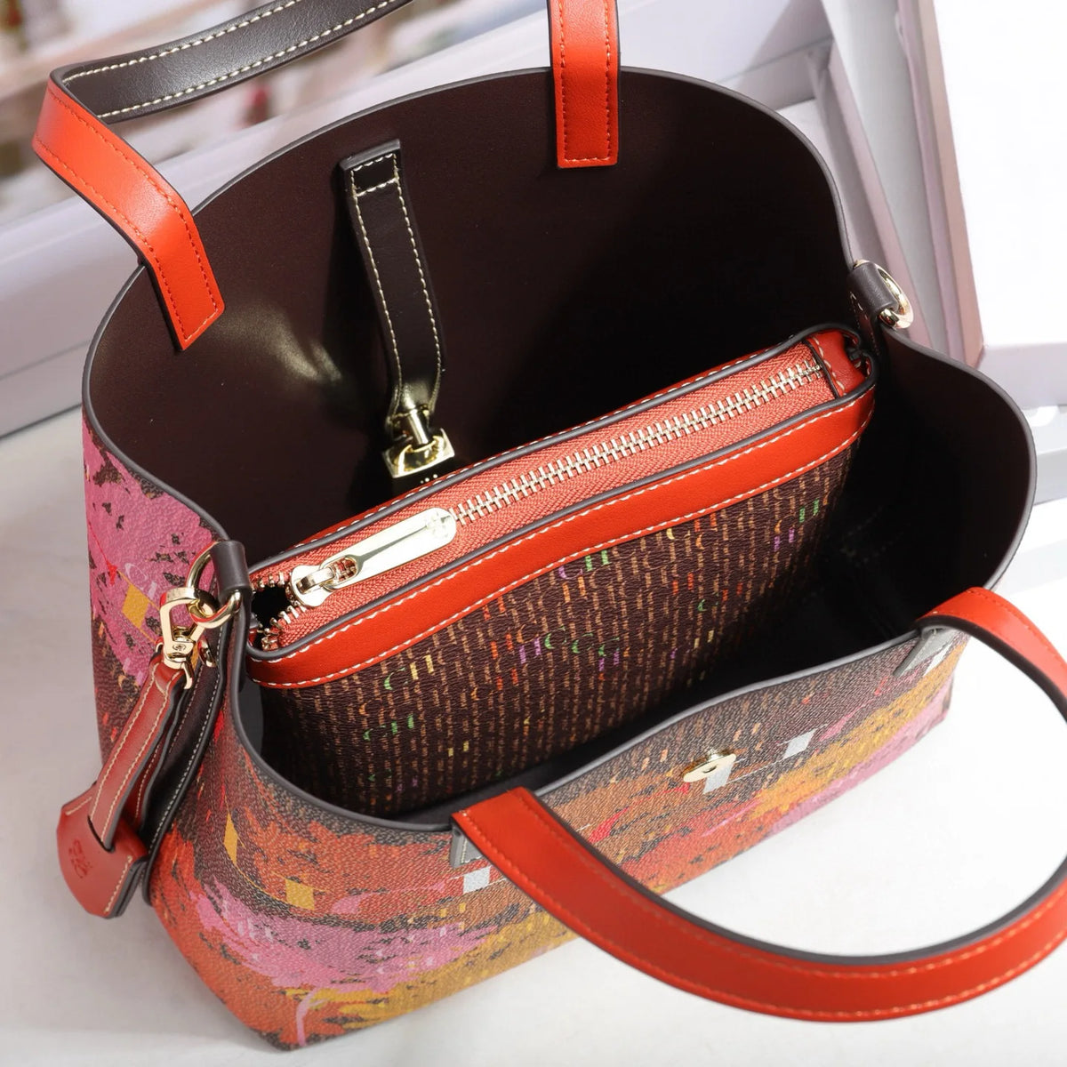 Printed Faux Leather Bucket Shoulder Bag