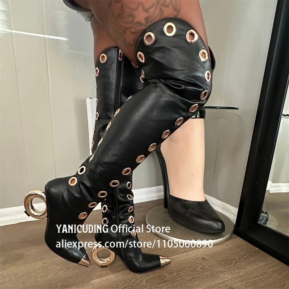 Metal Eyelet Pointed Toe Over The Knee Boots for Women