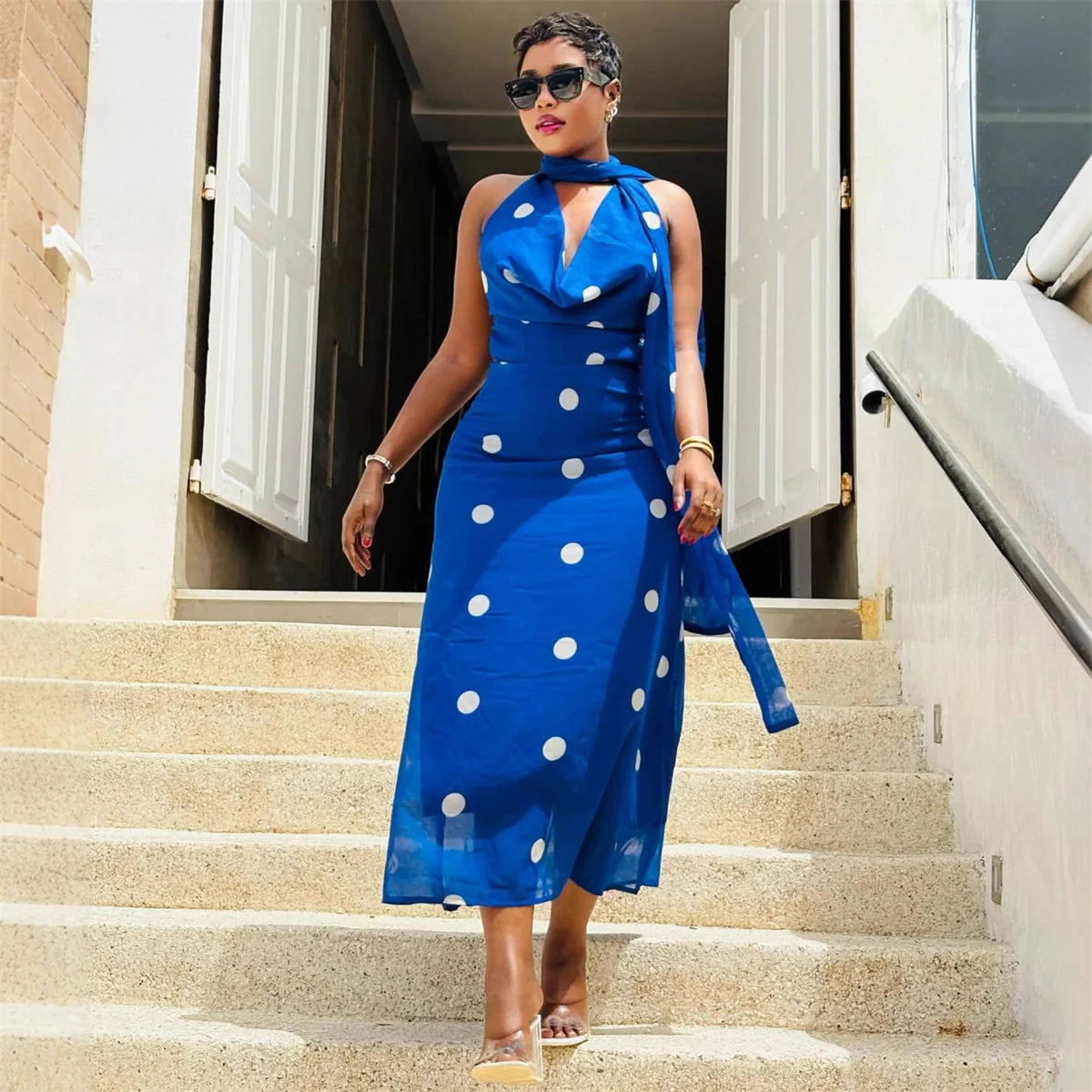 Vintage Polka Dot Backless Halter Maxi Dress for Women