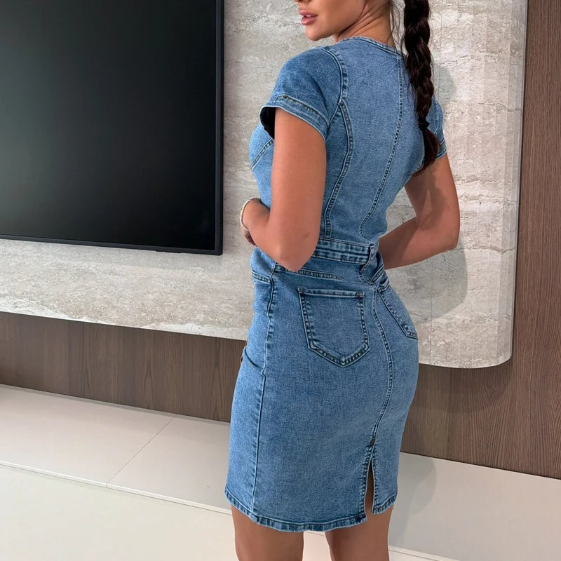 Casual Denim A Line Mini Dress With Pockets for Women