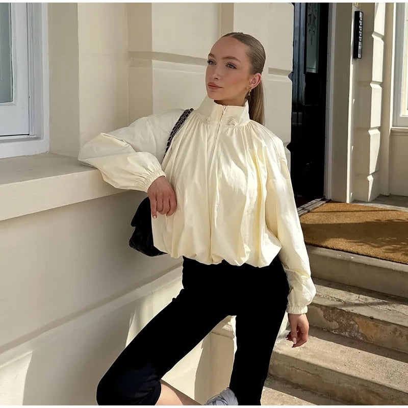 Zip Up High Neck Puff Sleeve Cropped Jacket For Women