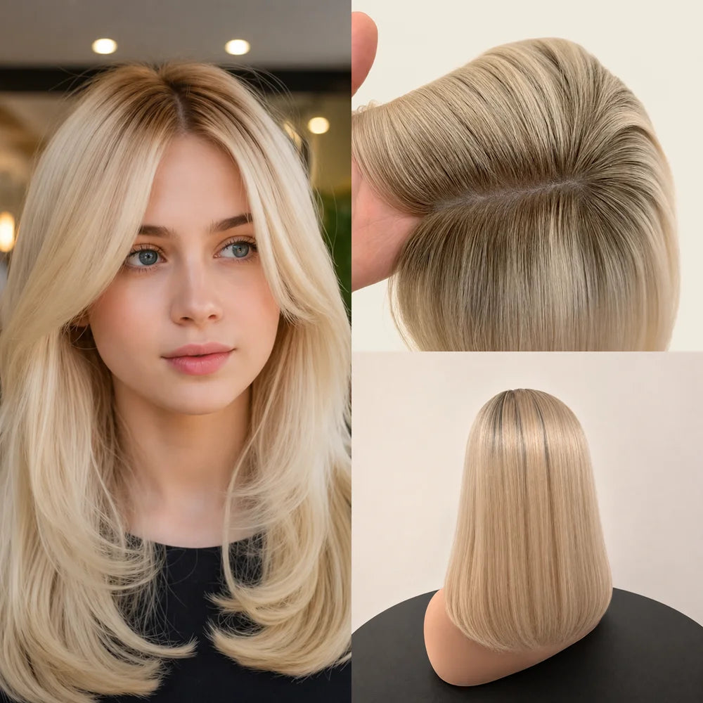 Natural Light Blonde Straight Human Hair Silk Top Wig for Women
