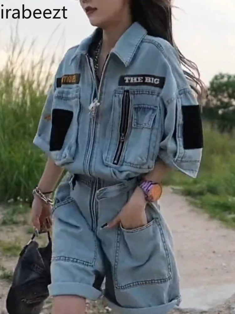 Oversized Embroidered Polo Collar Jumpsuit For Women