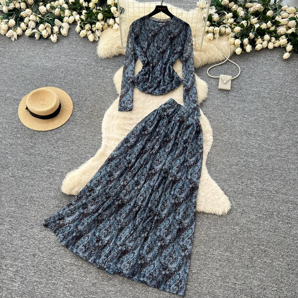 Printed Skirt Set With Long Sleeve Top