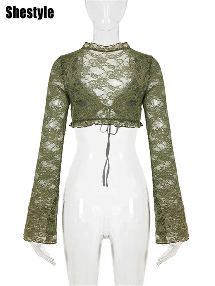 Green Sheer Lace V-Neck Flare Sleeve Top for Women