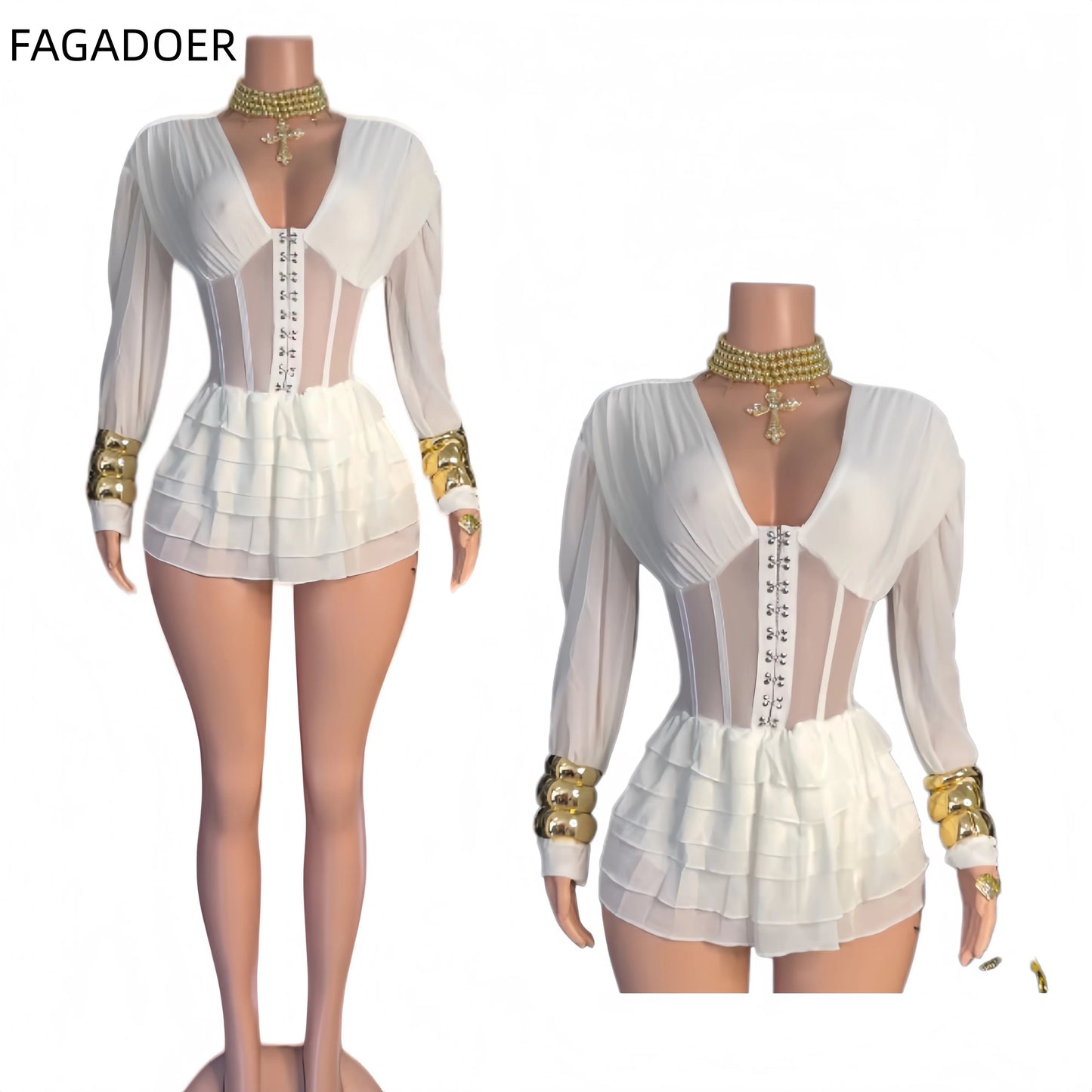 Mesh Ruched Patchwork See Through Long Sleeve Bodycon Rompers for Women