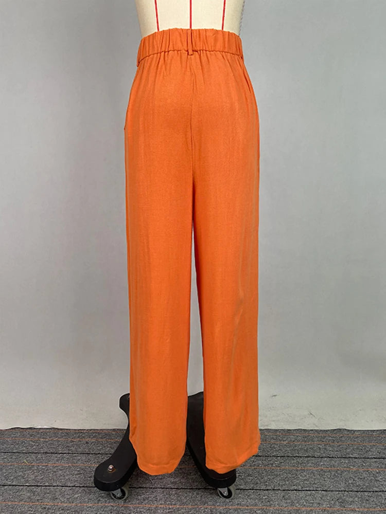 Beautyblue High Waisted Pants Women's Summer Wide Leg Straight Trousers Casual Loose Pockets Orange Elegant Female Office Pants
