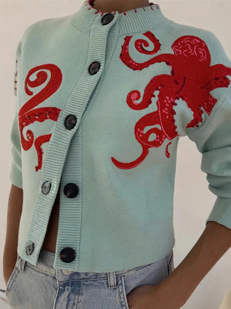 Elegant Knitted Octopus Jacquard Cardigan for Women