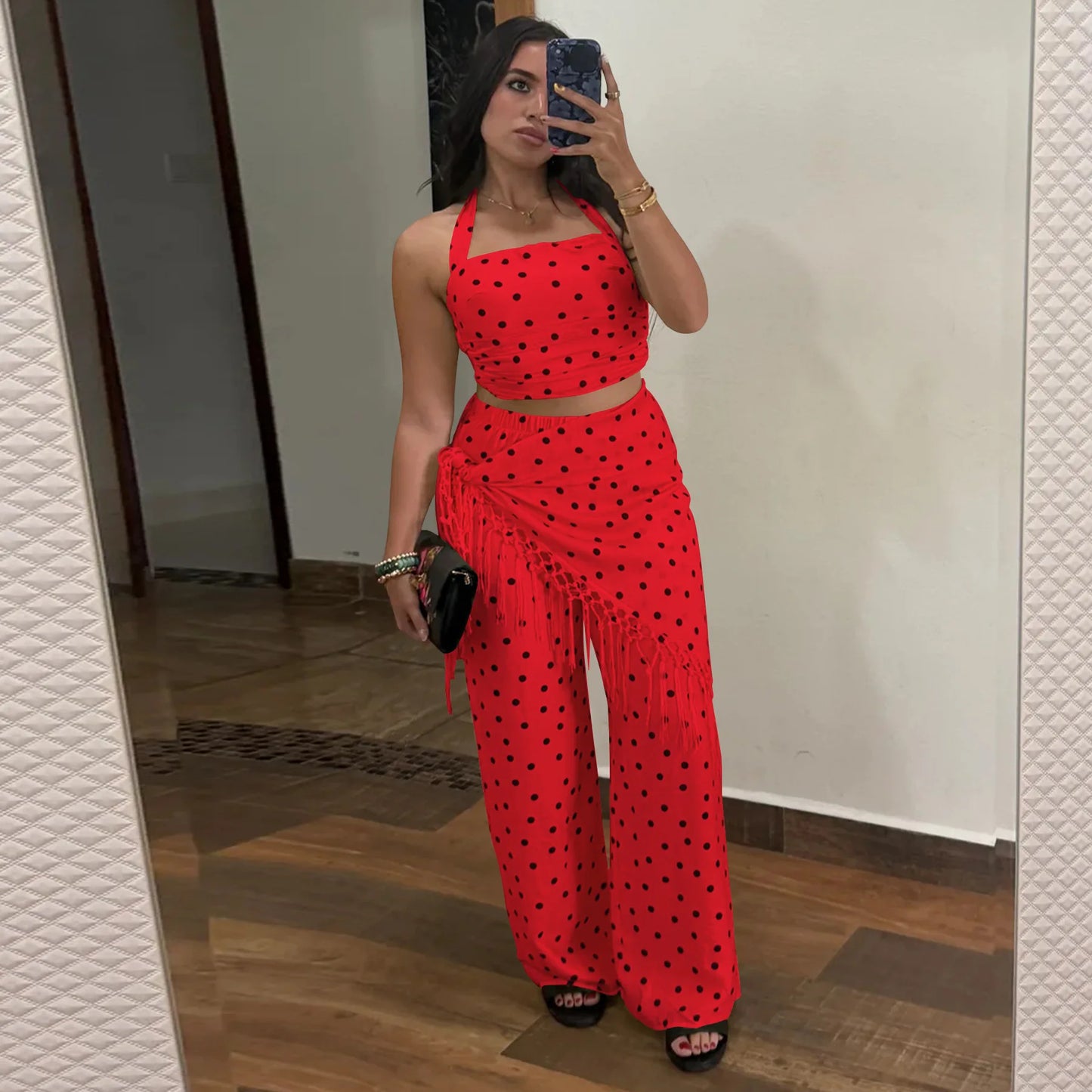 Polka Dot Print Halter Crop Top Tassel Fringe Two Piece Outfit for Women