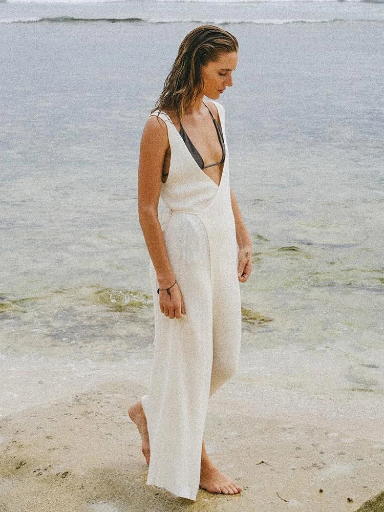 Women's Sexy Knit V-neck Lace-up Sleeveless Wrap Beach Maxi Dress 2025 Summer Seaside Swimsuit Cover Up Bodycon Dresses K184