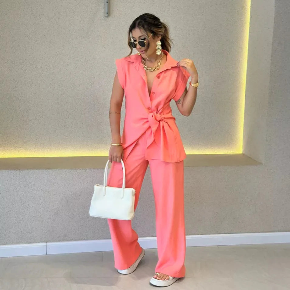 Sleeveless Turn-Down Collar Two-Piece Set for Women