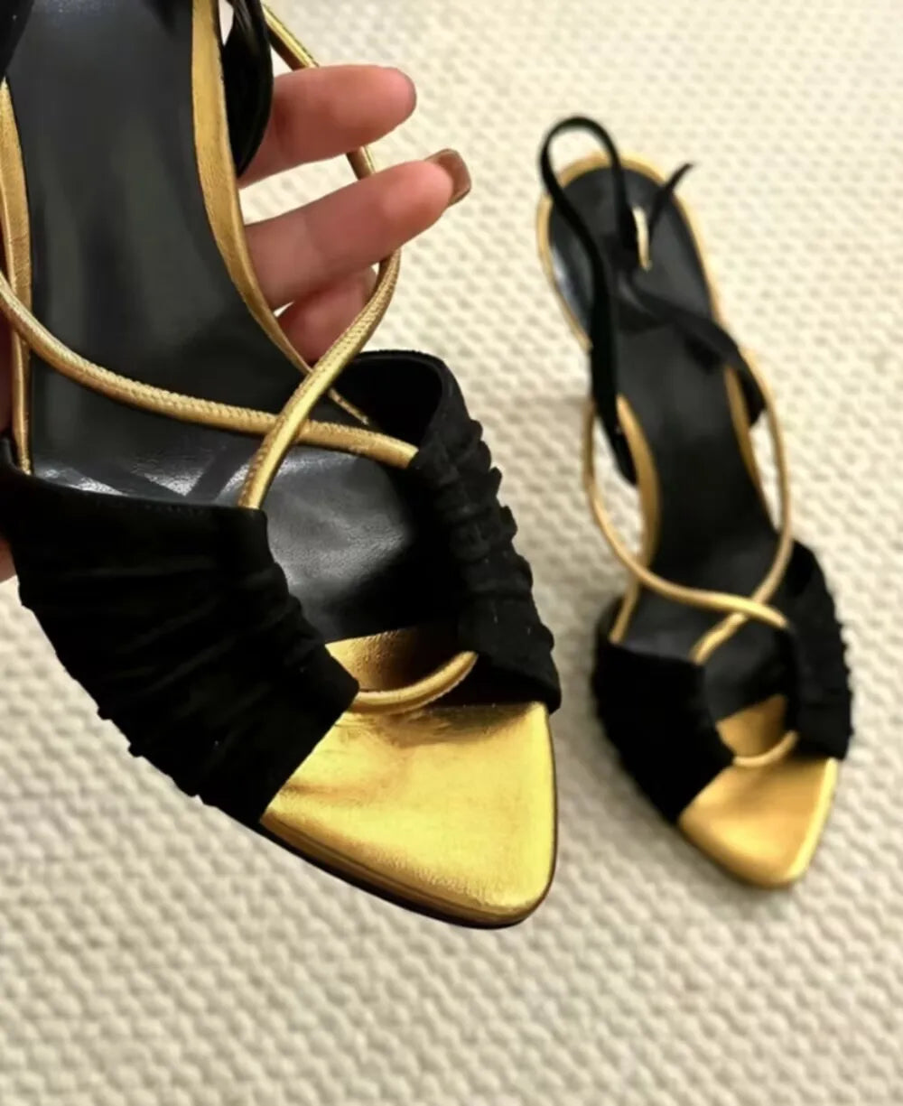 Black And Gold Pointed Toe Stiletto Sandals With Crisscross Straps For Women