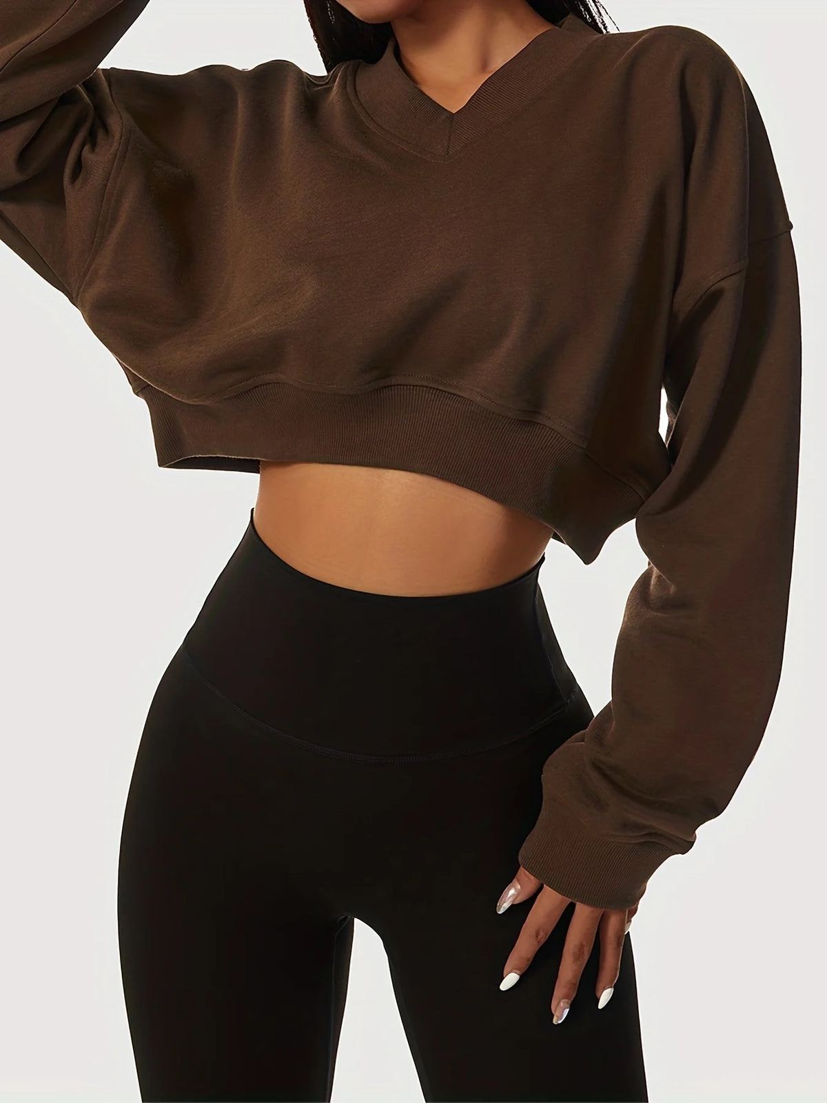 Casual Cropped V Neck Long Sleeve Sweatshirt for Women