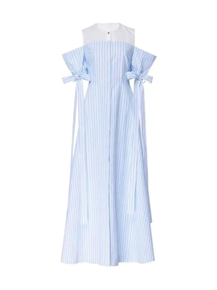 Pinched Waist Striped Split Shoulder Midi Dress for Women