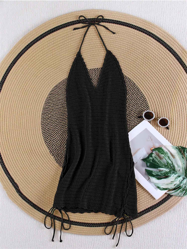 Solid Knit Halter V-neck Side Cross Straps Slim Beach Mini Dress 2025 Women Crochet Beach Swimsuit Cover Up Vacation Outfit K104