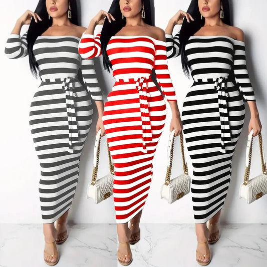 New 2024 Casual Women Dress Summer Striped Bodycon Midi Dresses Slash Neck Lace Up Three Quarter Pencil Dresses
