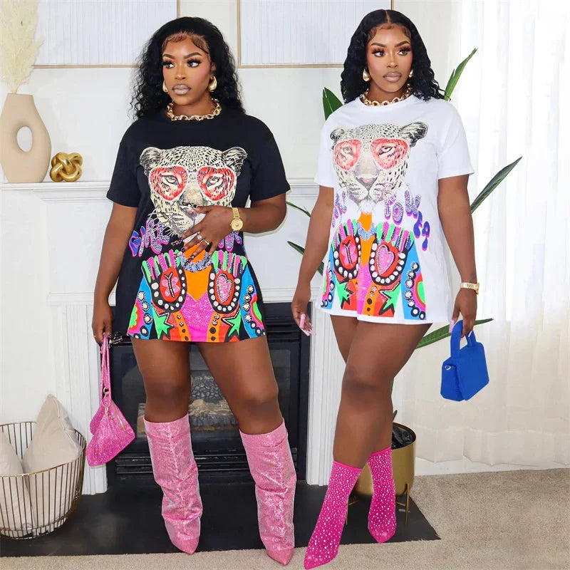 Cheetah Print Cartoon Loose Fit T Shirt Dress for Women