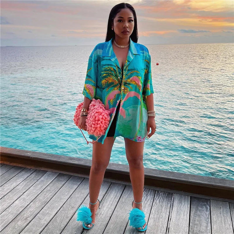 Beach Printed Turn-Down Collar Button Shirt Dress Women Clothes Short Sleeve Mini Dress Clubwear Casual Vacation Summer Dress