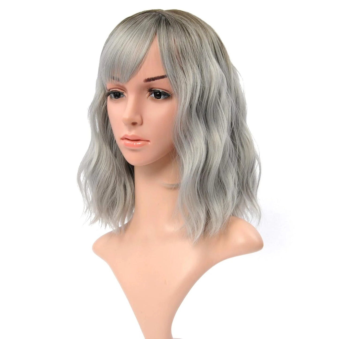 Natural Brown Synthetic Curly Wavy Bob Wig With Bangs For Women