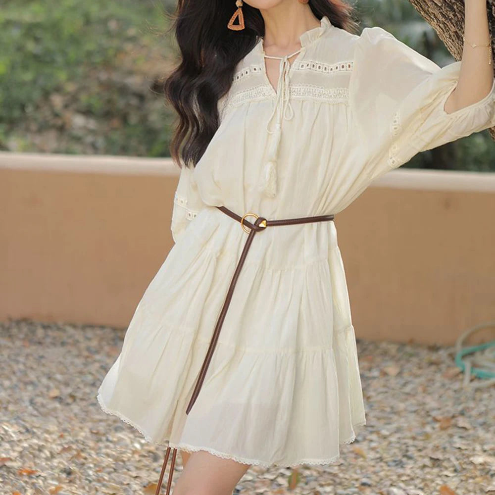 Vacation Style Boho Chic Lace Up Midi Dress for Women