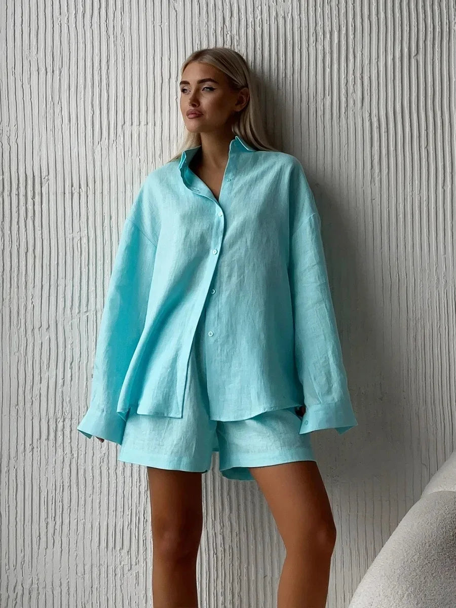 Casual Cotton Shirt and Elastic Waist Pants Set for Women